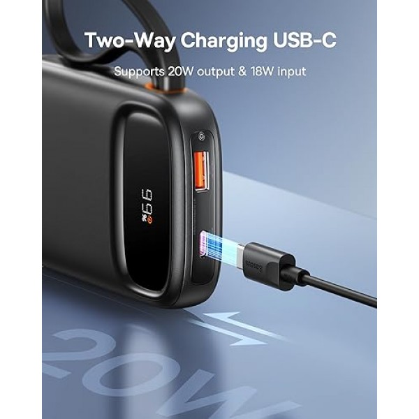 Baseus 휴대용 충전기 전원 은행, USB-C 및 iOS 출력 케이블이 내장된 22.5W 10000mAh 고속 충전 휴대용 전화 충전기, iPhone iPad Android Samsung용 LED 디스플레이 휴대용 배터리 팩