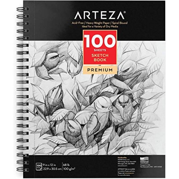 Arteza 9X12 스케치북, 100매(68lb/100gsm), 나선형 바운드 아티스트 스케치 패드, 내구성이 뛰어난 중성 도화지, 성인과 청소년에 적합, 밝은 흰색