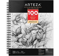 Arteza 9X12 스케치북, 100매(68lb/100gsm), 나선형 바운드 아티스트 스케치 패드, 내구성이 뛰어난 중성 도화지, 성인과 청소년에 적합, 밝은 흰색