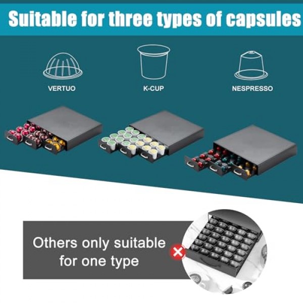 K 컵 홀더 서랍 30 포드 용량, 네스프레소 포드 홀더용 서랍 3개 디자인, Keurig 포드 주최자 및 네스프레소/K-Cup/Vertuo 포드 홀더와 호환되는 커피 포드 홀더, 블랙