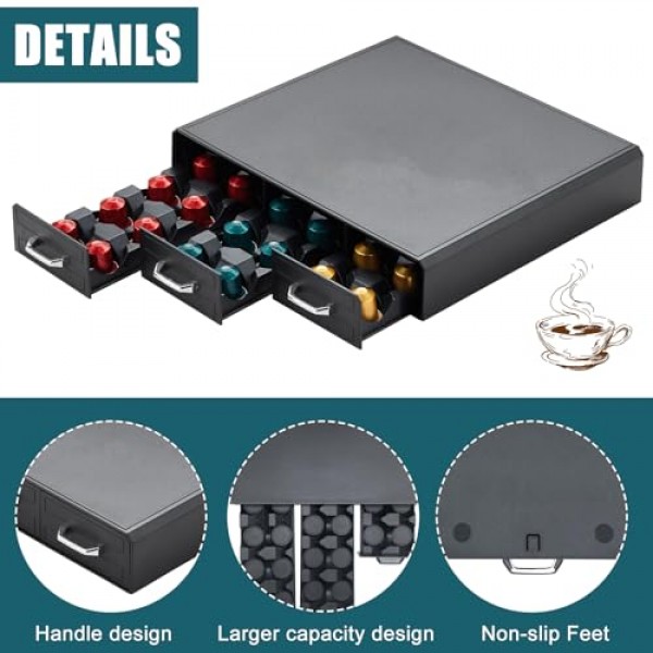 K 컵 홀더 서랍 30 포드 용량, 네스프레소 포드 홀더용 서랍 3개 디자인, Keurig 포드 주최자 및 네스프레소/K-Cup/Vertuo 포드 홀더와 호환되는 커피 포드 홀더, 블랙