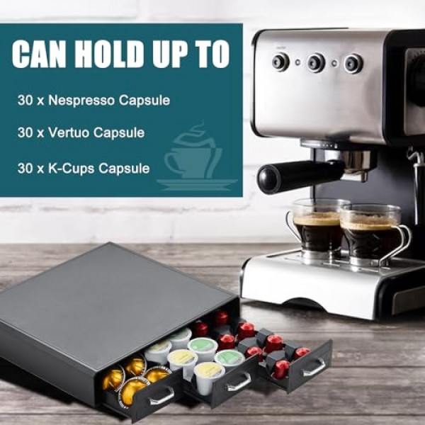 K 컵 홀더 서랍 30 포드 용량, 네스프레소 포드 홀더용 서랍 3개 디자인, Keurig 포드 주최자 및 네스프레소/K-Cup/Vertuo 포드 홀더와 호환되는 커피 포드 홀더, 블랙