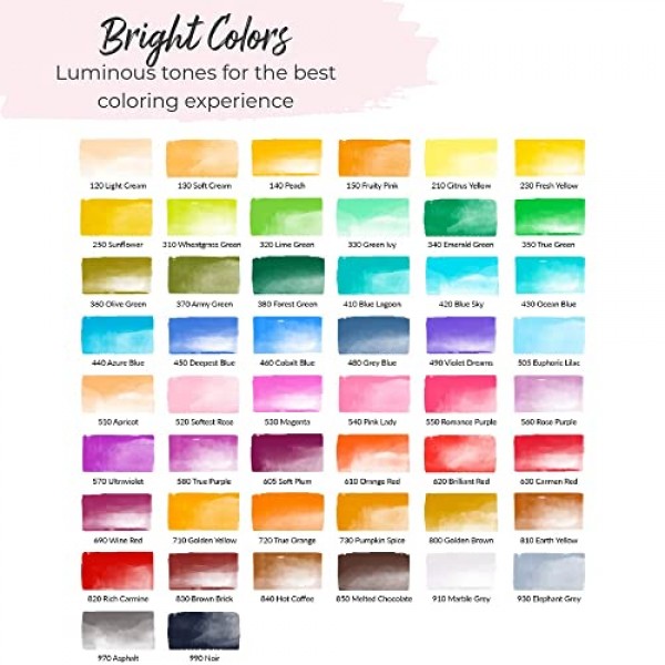 Colorya 수채화 브러쉬 펜 - 50개의 실제 나일론 팁 아트 펜 및 2개의 물 탱크 브러쉬 - 성인 색칠 공부, 수채화 그림, 서예 및 드로잉을 위한 수채화 펜