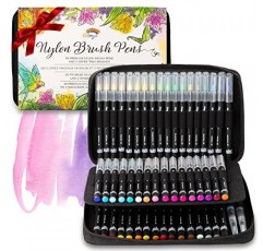 Colorya 수채화 브러쉬 펜 - 50개의 실제 나일론 팁 아트 펜 및 2개의 물 탱크 브러쉬 - 성인 색칠 공부, 수채화 그림, 서예 및 드로잉을 위한 수채화 펜