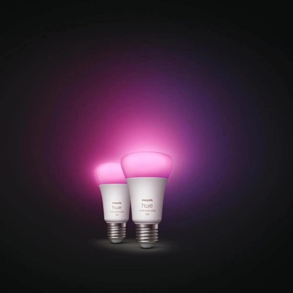 Philips Hue Bluetooth 흰색 및 컬러 앰비언스 LED E27 Birne - A60 8W 1100lm Doppelpack inkl. 브리지와 스마트 플러그