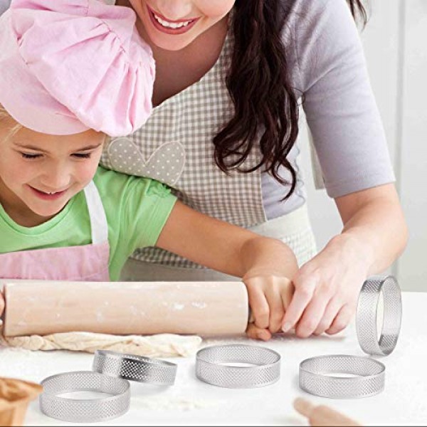 FANGSUN 타르트 링, 베이킹용 천공 타트 링, 스테인레스 스틸 붙지 않는 라운드 케이크 링, 프랑스 디저트용 금속 과자 금형, 작은 과일 타르트 크러스트, 원형 타르트, 3 