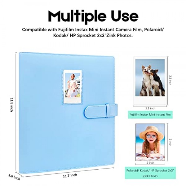 Fujifilm Instax Mini 카메라용 640 포켓 사진 앨범, 폴라로이드용 사진 앨범, 가죽 커버, Instax Mini 12 11 9 40 90 8 7 Evo LiPlay 즉석 카메라, 2x3 사진 앨범(파란색)
