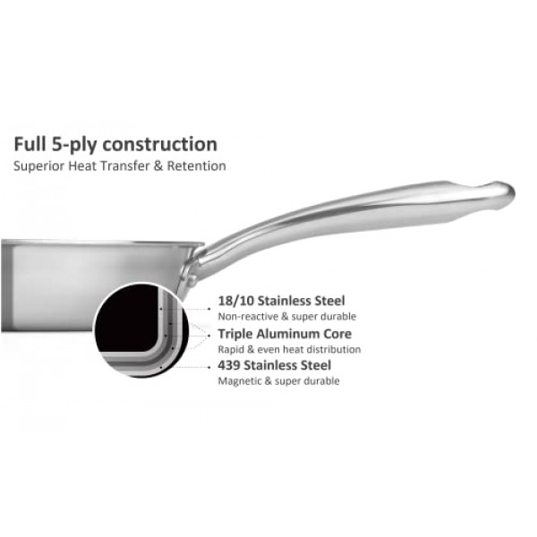 CHEF TOPF 5겹 스테인레스 스틸 프라이팬 8인치, 전체 5겹 클래드 구조 전문 등급 팬, 브러시 마감, 인덕션 조리 팬, 오븐 안전, 식기 세척기 사용 가능