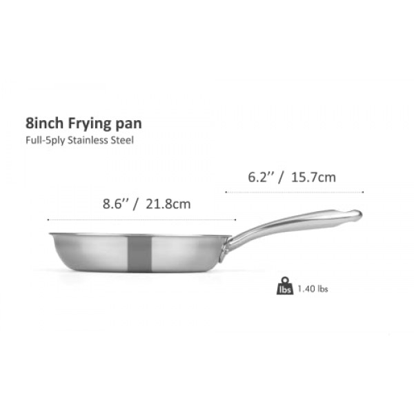 CHEF TOPF 5겹 스테인레스 스틸 프라이팬 8인치, 전체 5겹 클래드 구조 전문 등급 팬, 브러시 마감, 인덕션 조리 팬, 오븐 안전, 식기 세척기 사용 가능