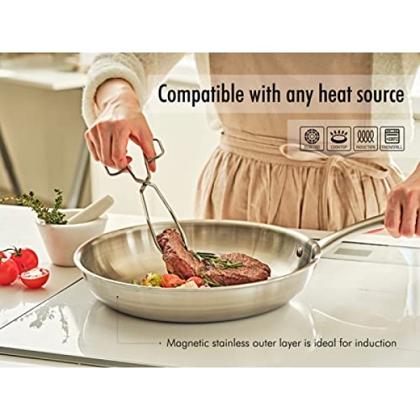 CHEF TOPF 5겹 스테인레스 스틸 프라이팬 8인치, 전체 5겹 클래드 구조 전문 등급 팬, 브러시 마감, 인덕션 조리 팬, 오븐 안전, 식기 세척기 사용 가능