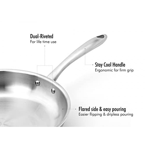 CHEF TOPF 5겹 스테인레스 스틸 프라이팬 8인치, 전체 5겹 클래드 구조 전문 등급 팬, 브러시 마감, 인덕션 조리 팬, 오븐 안전, 식기 세척기 사용 가능