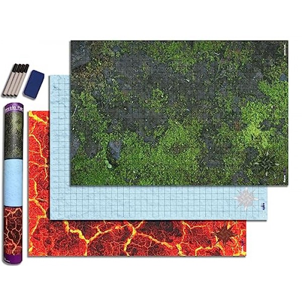 DND 배틀 매트 Ultimate 3 팩 스타터 세트 RPG 롤플레잉 게임용 액세서리 24 X 36 초내구성 비얼룩 건식/습식 지우기 프리미엄 비닐 배틀 그리드 지형 팩 2