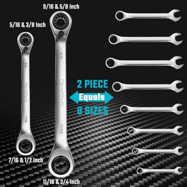 DURATCH 4-in-1 양면 래칫팅 박스 렌치 세트, SAE, 2피스, 5/16, 3/8, 7/16, 1/2 & 9/16, 5/8, 11/16, 3/4- 인치, CR-V 강철, 거울 광택, 롤링 파우치 포함