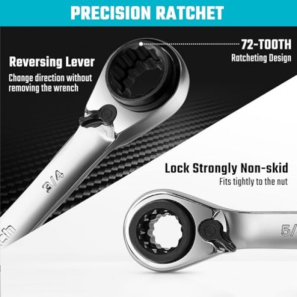 DURATCH 4-in-1 양면 래칫팅 박스 렌치 세트, SAE, 2피스, 5/16, 3/8, 7/16, 1/2 & 9/16, 5/8, 11/16, 3/4- 인치, CR-V 강철, 거울 광택, 롤링 파우치 포함