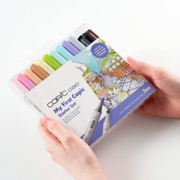 COPIC Ciao Marker My First Copic 스타터 세트, Copic Ciao 마커 10개, Copic 멀티라이너 2개, 연습용 선화 3개, 고급 본드지 A6 8장, 설명서