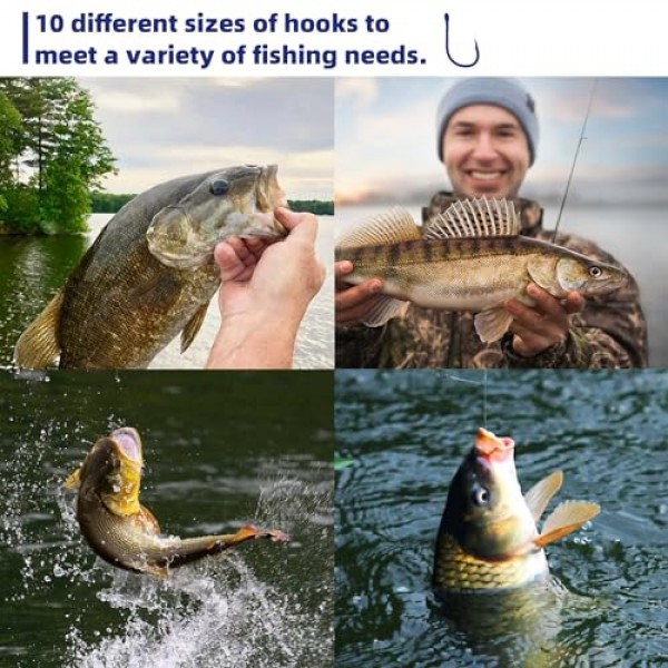UCEC 500pcs 낚시 후크 세트 민물 바닷물 고탄소강 10가지 크기 메기 송어 미끼 낚시용 플라스틱 상자에 있는 작은 낚시 후크 색상 검정 또는 금색