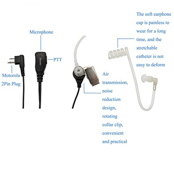 모토로라 CLS1410 CLS1110 BRP40 CP200 CP200D CP185 DTR650 RDU2020 RDU4100 RDU4160D RDU2080D RMU2040 RMU2080D(5팩)와 호환되는 마이크 2핀 어쿠스틱 튜브 헤드셋이 포함된 워키토키 이어폰