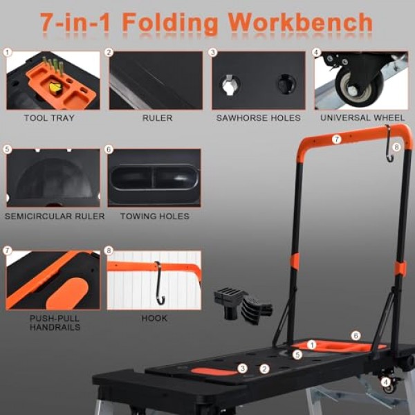바퀴가 있는 7 in 1 접이식 작업대, 다목적 고강도 작업대, 이동식 강철 다리가 없는 조립 테이블-550lbs 표면 인쇄된 눈금 및 각도 사양(45IN)을 위한 부하 용량