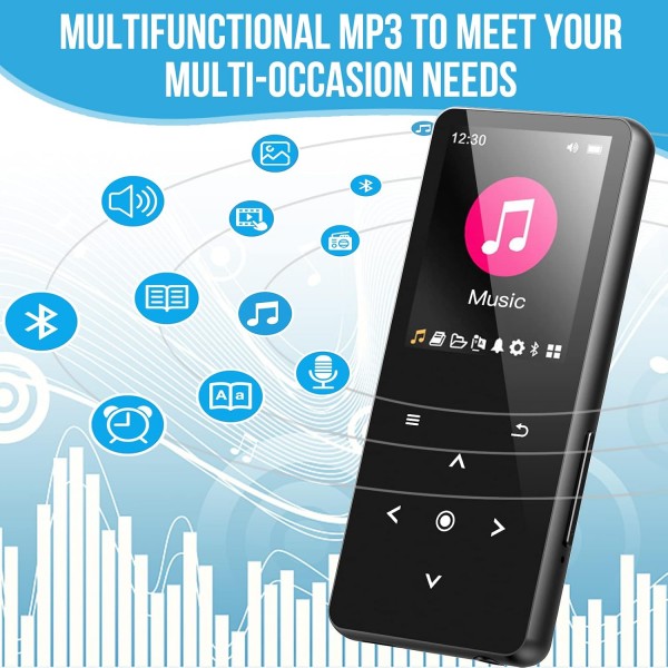 MP3 플레이어 Bluetooth 5.0 스포츠 음악 플레이어 32GB HiFi 무손실 오디오 워크맨 내장 HD 스피커, 비디오, 음성 녹음, FM 라디오, 전자책 리더기 최대 128GB 지원