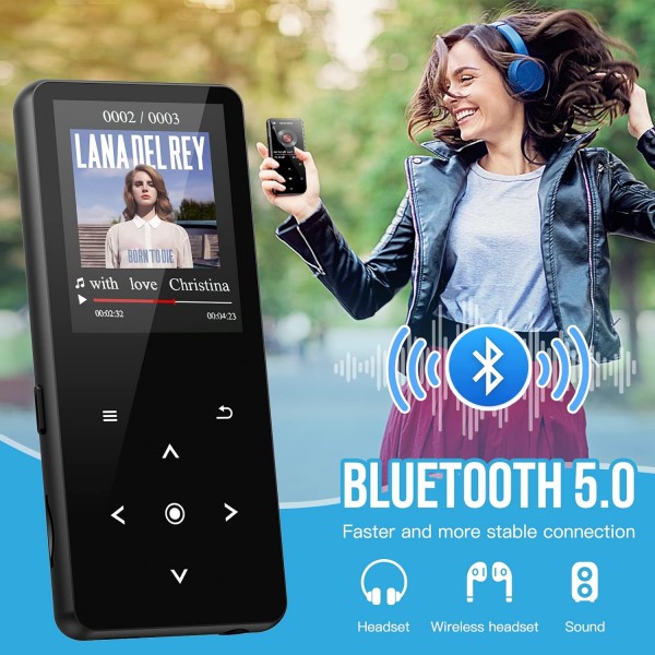 MP3 플레이어 Bluetooth 5.0 스포츠 음악 플레이어 32GB HiFi 무손실 오디오 워크맨 내장 HD 스피커, 비디오, 음성 녹음, FM 라디오, 전자책 리더기 최대 128GB 지원