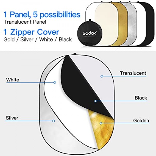 Godox 35x47인치/90x120cm 라이트 반사판 디퓨저, 5-in-1 휴대용 접이식 원형 멀티 디스크(스튜디오 촬영용 홀더 클립 및 가방 포함), 비디오 위치-금색, 은색, 흰색, 검은색, 