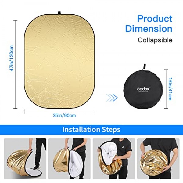 Godox 35x47인치/90x120cm 라이트 반사판 디퓨저, 5-in-1 휴대용 접이식 원형 멀티 디스크(스튜디오 촬영용 홀더 클립 및 가방 포함), 비디오 위치-금색, 은색, 흰색, 검은색, 