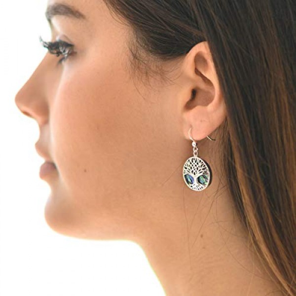 Materia #SO-274 여성용 귀걸이 생명의 나무 라운드 925 스털링 실버 및 자개 녹색 상자 포함, 전복(녹색 자개)