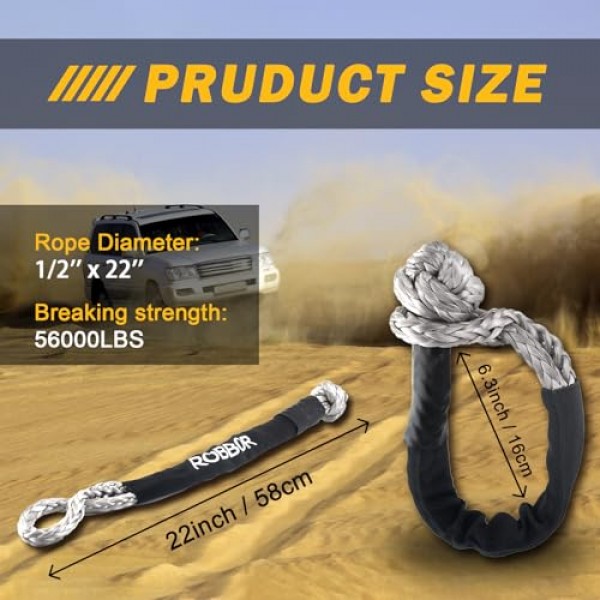 소프트 샤클 1/2 x 22인치 56,000 LBS 파손 강도, 고강도 합성 도로 복구 보호 슬리브가 있는 소프트 샤클 로프 오프로드 견인, ATV, 4x4, 트럭, 고성능 샤클