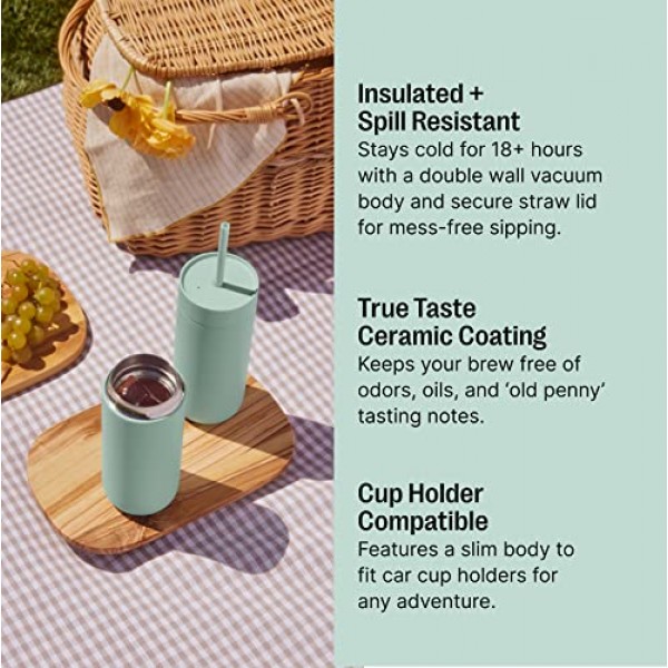 Fellow 물, 아이스티, 커피, 스무디, 아이스 커피 등을 위한 16온스 카터 콜드 여행용 머그 - 유출 방지 뚜껑과 빨대가 포함된 스테인리스 스틸 진공 단열 아이스 커피 텀