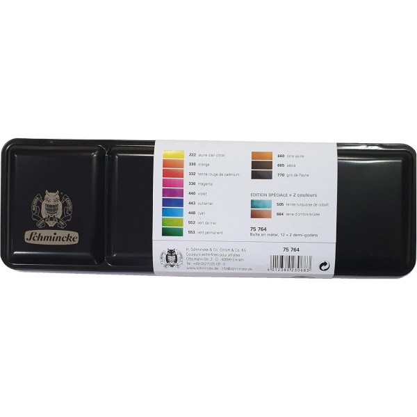 Schmincke Academy, 수채화 물감 상자, 기본 모음 14 x 1/2 팬 + 10개의 추가 1/2 팬용 공간 n