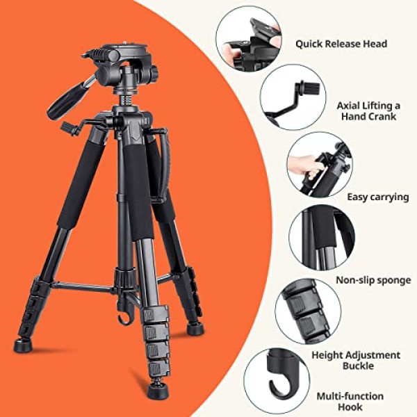여행용 가방이 포함된 Torjim 74인치 카메라 삼각대, 무선 리모컨 및 휴대폰 홀더가 포함된 확장형 휴대폰 삼각대 스탠드, 모든 카메라/iPhone/Android/스포츠 카메라와 호환