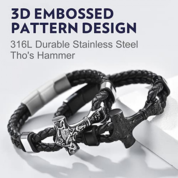 Bandmax 남성용 가죽 팔찌 토르의 망치/해골/프리메이슨 맞춤형 팔찌 커프 팔찌 (자석 마감 팔찌 액세서리 포함)