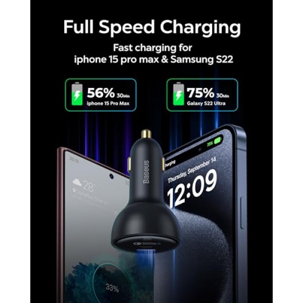 160W USB C 차량용 충전기, Baseus Type C 차량용 충전기, QC5.0 PD3.0 PPS 3 포트 iPhone 15 14 13 Pro, Samsung S22 iPad MacBook Pro용 초고속 충전 차량용 전화 충전기 어댑터