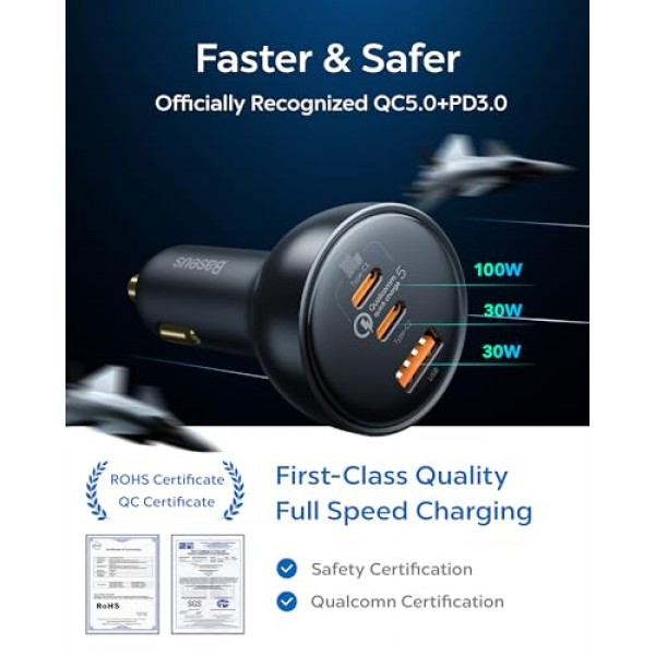 160W USB C 차량용 충전기, Baseus Type C 차량용 충전기, QC5.0 PD3.0 PPS 3 포트 iPhone 15 14 13 Pro, Samsung S22 iPad MacBook Pro용 초고속 충전 차량용 전화 충전기 어댑터