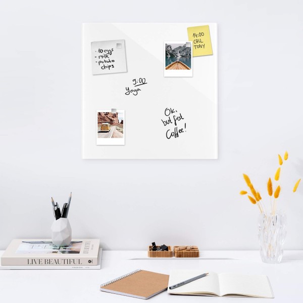 Navaris 마그네틱 보드 유리로 만든 마그네틱 보드 - 48x48cm 쓰기용 마그네틱 보드 - 순수한 흰색의 마그네틱 보드 - 자석 펜 홀더 포함