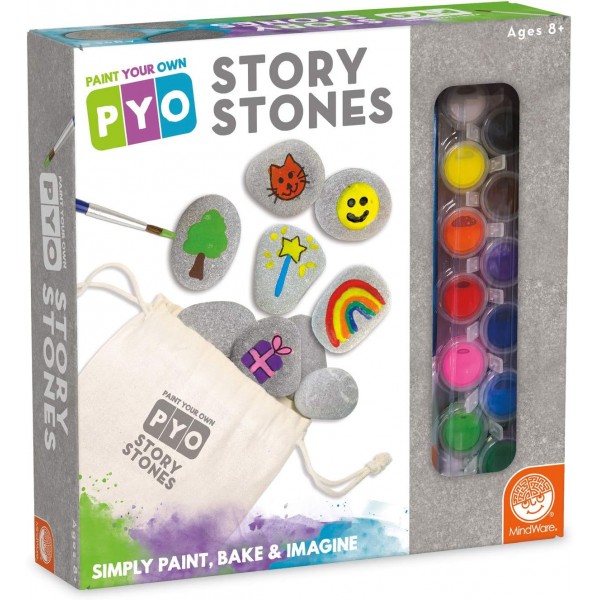 MindWare Paint Your Own Story Stones & Storytelling Game for Kids – DIY 키트에는 스톤 16개, 페인트 12개, 브러시 2개 및 가방이 포함되어 있습니다.