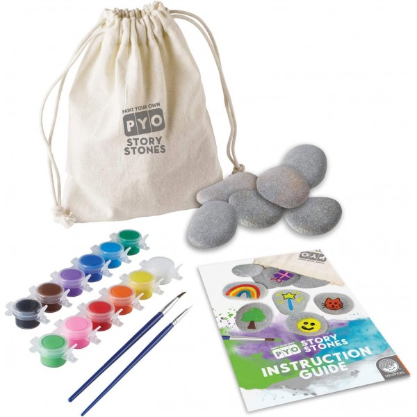 MindWare Paint Your Own Story Stones & Storytelling Game for Kids – DIY 키트에는 스톤 16개, 페인트 12개, 브러시 2개 및 가방이 포함되어 있습니다.