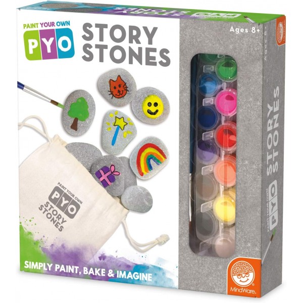 MindWare Paint Your Own Story Stones & Storytelling Game for Kids – DIY 키트에는 스톤 16개, 페인트 12개, 브러시 2개 및 가방이 포함되어 있습니다.