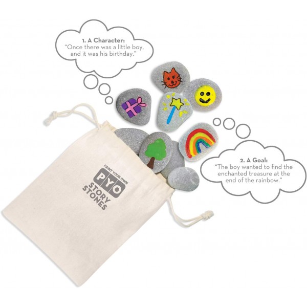 MindWare Paint Your Own Story Stones & Storytelling Game for Kids – DIY 키트에는 스톤 16개, 페인트 12개, 브러시 2개 및 가방이 포함되어 있습니다.