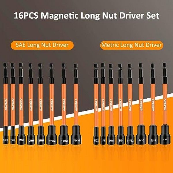 16PCS 마그네틱 너트 드라이버 세트 | 6인치 긴 너트 드라이버 세트 | SAE 및 미터법 | 1/4인치 육각 섕크 | Cr-V 강철