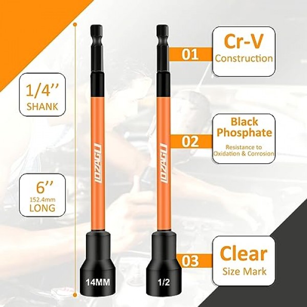 16PCS 마그네틱 너트 드라이버 세트 | 6인치 긴 너트 드라이버 세트 | SAE 및 미터법 | 1/4인치 육각 섕크 | Cr-V 강철