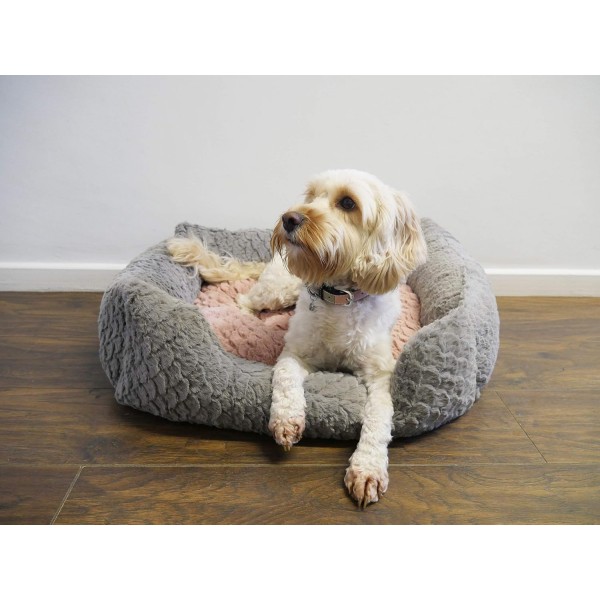 Rosewood 04404 럭셔리 강아지 침대 스몰, 소용돌이 패턴과 내부에 플러시 양면 쿠션이 있는 아늑한 부드러운 모피로 제작됨 - 세탁기, 46 x 36 cm, 그레이/핑크 46 cm