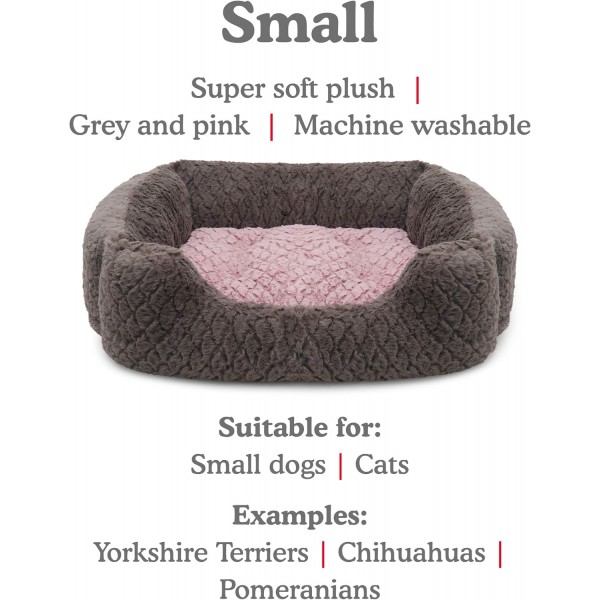 Rosewood 04404 럭셔리 강아지 침대 스몰, 소용돌이 패턴과 내부에 플러시 양면 쿠션이 있는 아늑한 부드러운 모피로 제작됨 - 세탁기, 46 x 36 cm, 그레이/핑크 46 cm