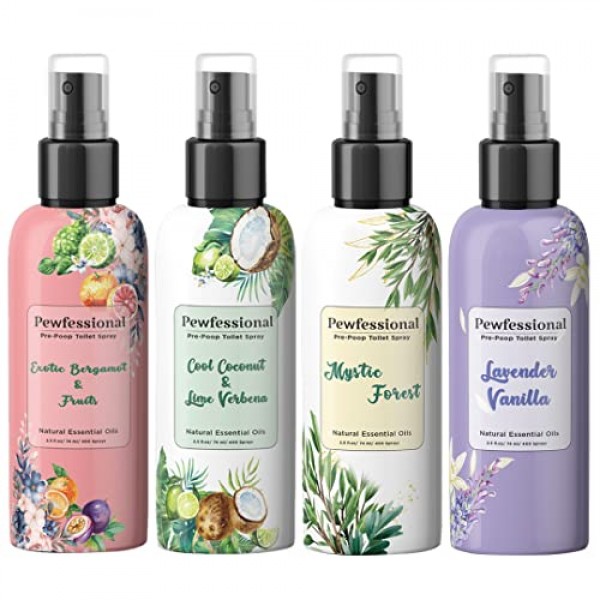 화장실용 퓨페셔널 똥 스프레이, 똥 전 화장실 냄새 제거기, 4팩 + 선물 1개, 여행용 2.5온스