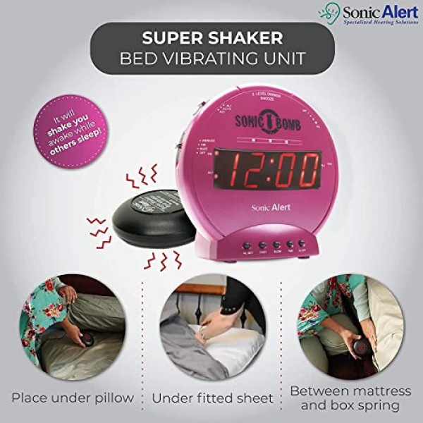 침대 셰이커, 핑크, 소닉 경고 진동 알람 시계, 무거운 슬리퍼, 배터리 백업, 흔들어 깨우기 기능이 있는 Sonic Bomb 듀얼 알람 시계
