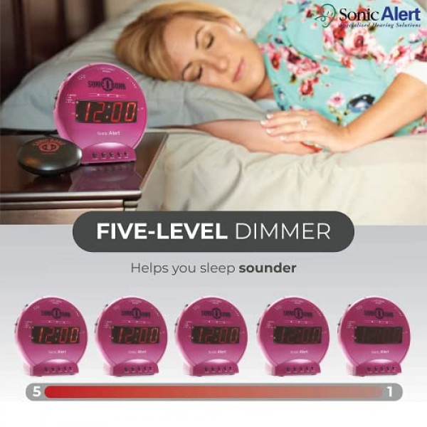 침대 셰이커, 핑크, 소닉 경고 진동 알람 시계, 무거운 슬리퍼, 배터리 백업, 흔들어 깨우기 기능이 있는 Sonic Bomb 듀얼 알람 시계