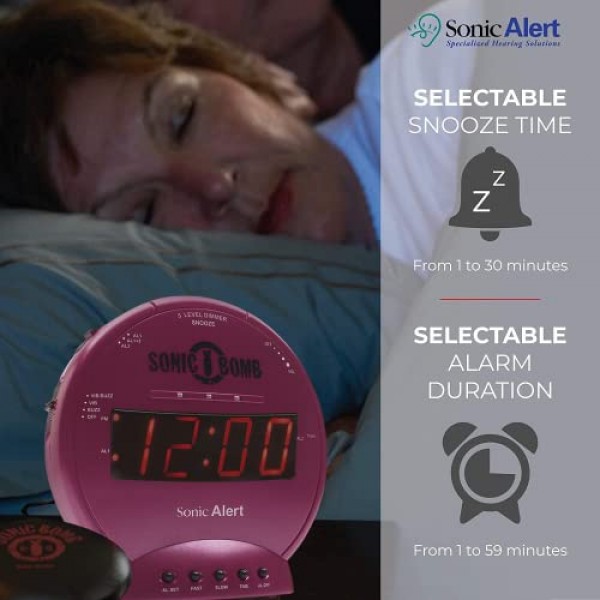 침대 셰이커, 핑크, 소닉 경고 진동 알람 시계, 무거운 슬리퍼, 배터리 백업, 흔들어 깨우기 기능이 있는 Sonic Bomb 듀얼 알람 시계