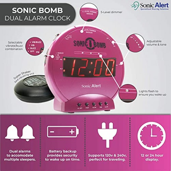 침대 셰이커, 핑크, 소닉 경고 진동 알람 시계, 무거운 슬리퍼, 배터리 백업, 흔들어 깨우기 기능이 있는 Sonic Bomb 듀얼 알람 시계