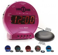침대 셰이커, 핑크, 소닉 경고 진동 알람 시계, 무거운 슬리퍼, 배터리 백업, 흔들어 깨우기 기능이 있는 Sonic Bomb 듀얼 알람 시계