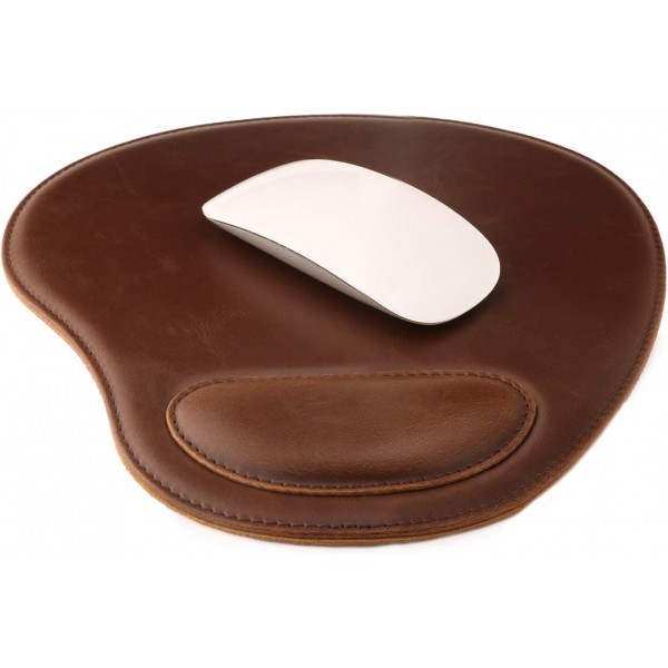 손목 받침대가 있는 Londo 가죽 타원형 Mouspad - 미끄럼 방지 바닥, 매끄러운 표면(다크 브라운)